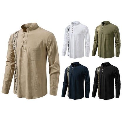 Camisa estampada de algodón y lino de color liso para hombre, talla europea