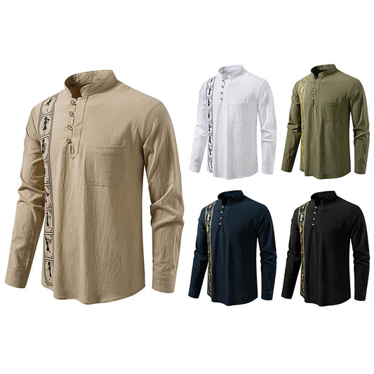 Camisa estampada de algodón y lino de color liso para hombre, talla europea