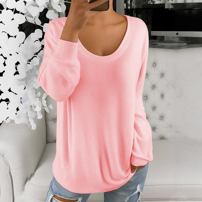 Suéter informal holgado de color sólido, estilo retro, con cuello redondo y manga larga
