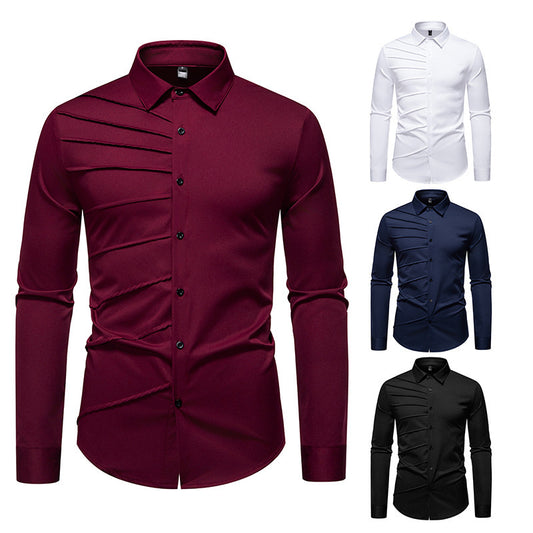 Camisa informal de manga larga con diseño plisado para hombre