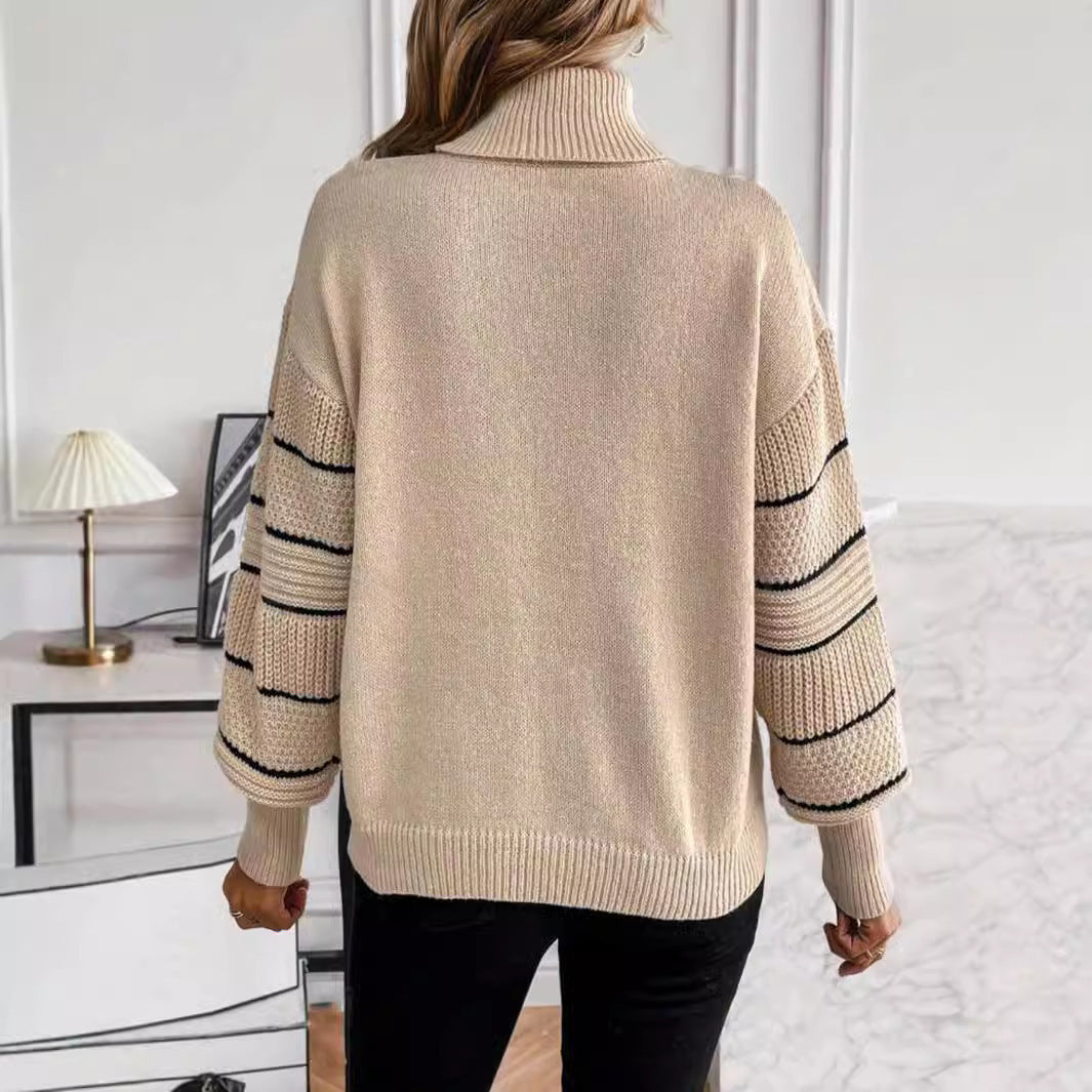 Jersey de cuello alto a rayas con hombros caídos y manga larga