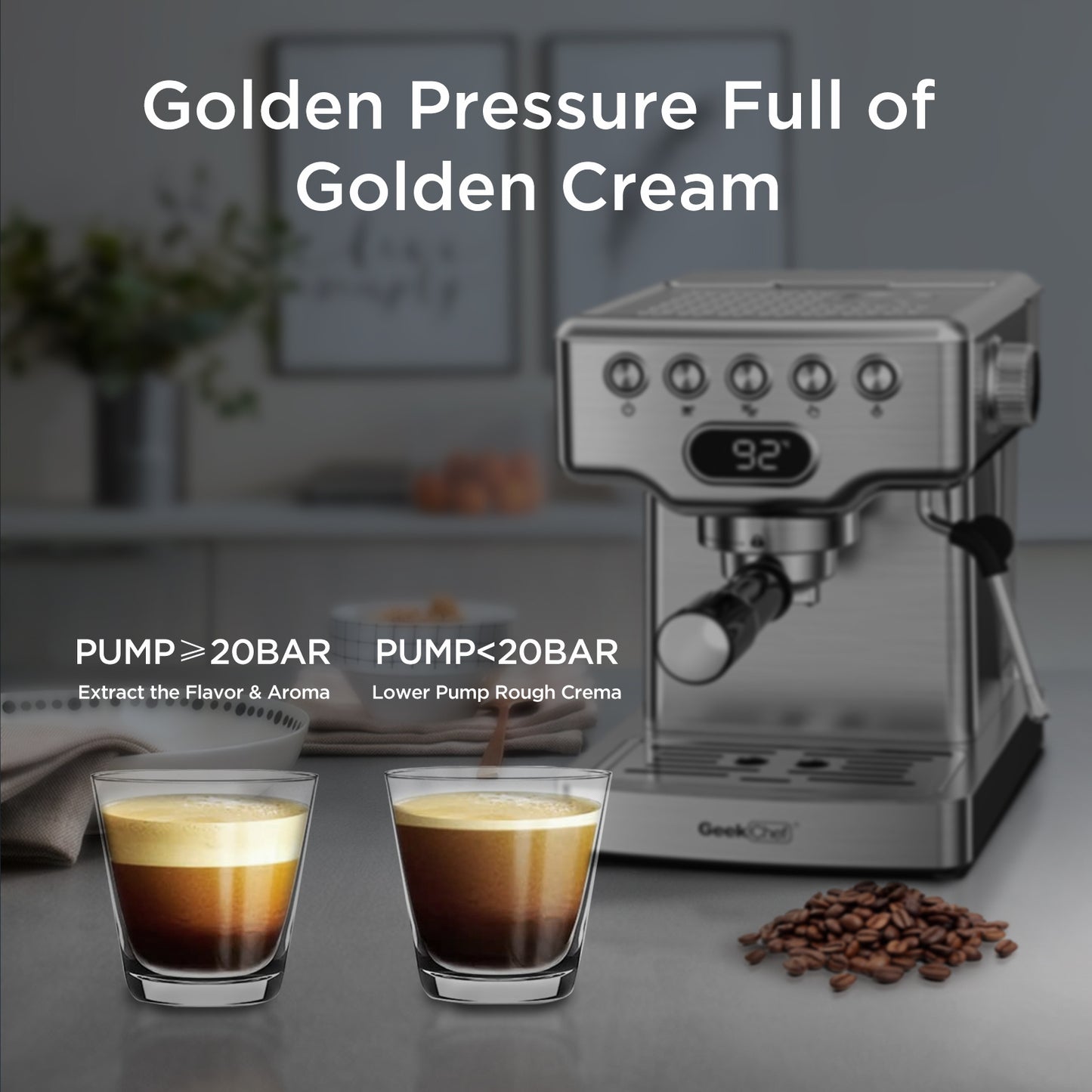 Cafetera expreso Geek Chef de 20 bares con espumador de leche para latte, capuchino y macchiato. Para uso doméstico. Depósito de agua de 1,8 l. Acero inoxidable.