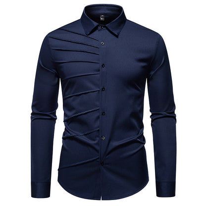 Camisa informal de manga larga con diseño plisado para hombre