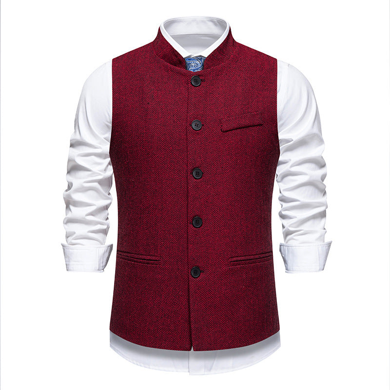 Chaleco de traje retro de cuello alto con diseño de espiga para hombre, color liso