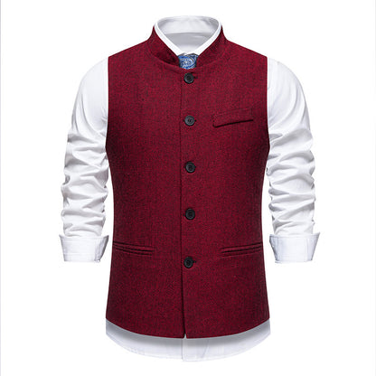 Chaleco de traje retro de cuello alto con diseño de espiga para hombre, color liso