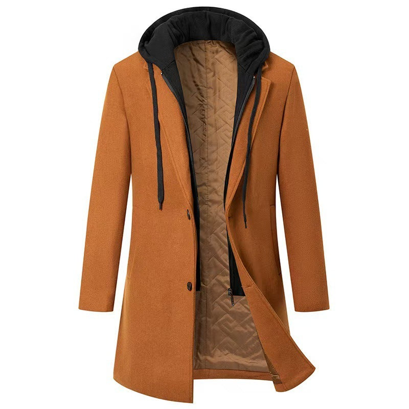 Abrigo informal de lana para hombre, chaqueta de largo medio con sombrero desmontable
