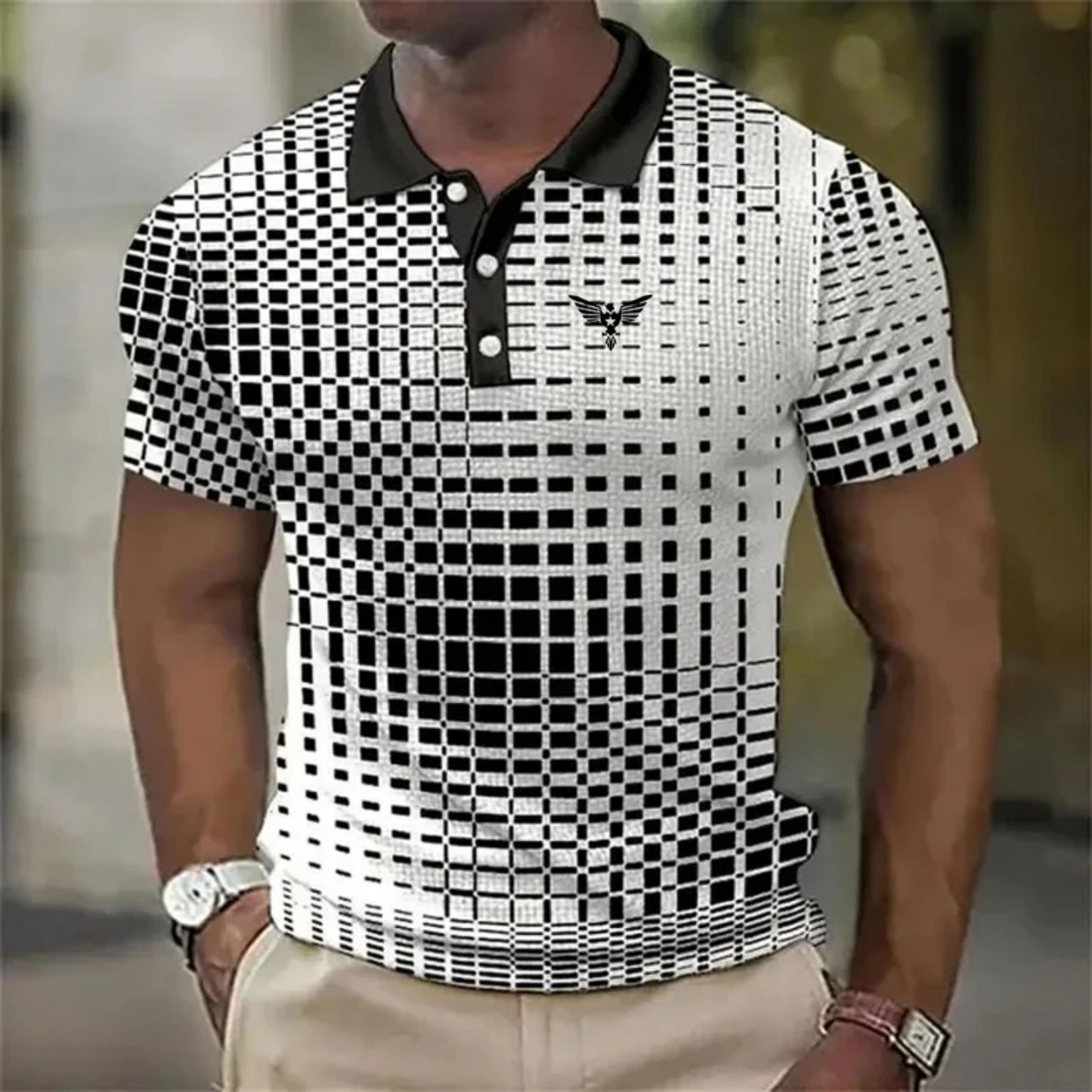 Polo de hombre de manga corta con estampado de cuadros y murciélagos