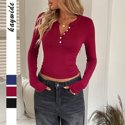 Camiseta de manga larga con botones de color liso para mujer