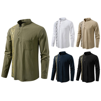 Camisa estampada de algodón y lino de color liso para hombre, talla europea