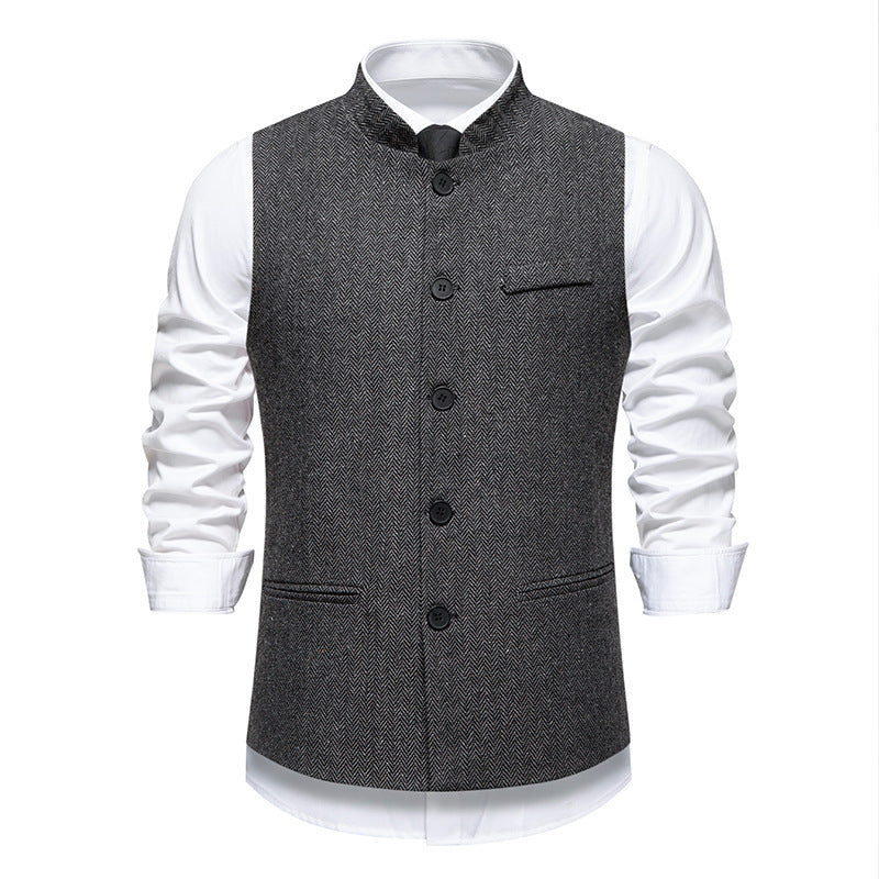 Chaleco de traje retro de cuello alto con diseño de espiga para hombre, color liso