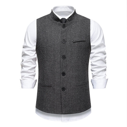 Chaleco de traje retro de cuello alto con diseño de espiga para hombre, color liso