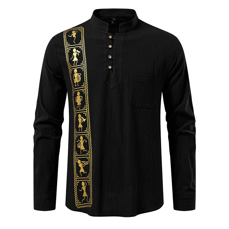 Camisa estampada de algodón y lino de color liso para hombre, talla europea
