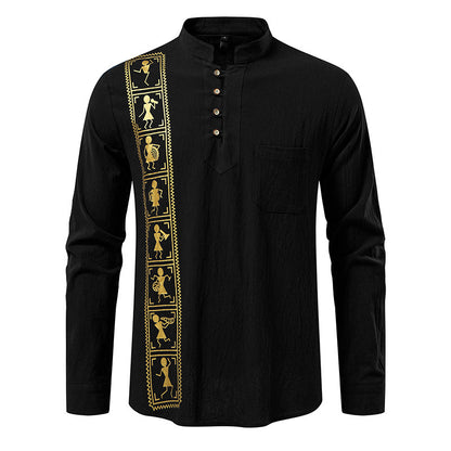 Camisa estampada de algodón y lino de color liso para hombre, talla europea