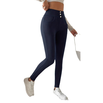 Pantalones casuales ajustados de cintura alta y color puro para mujer