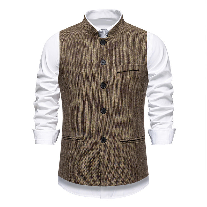Chaleco de traje retro de cuello alto con diseño de espiga para hombre, color liso