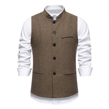 Chaleco de traje retro de cuello alto con diseño de espiga para hombre, color liso